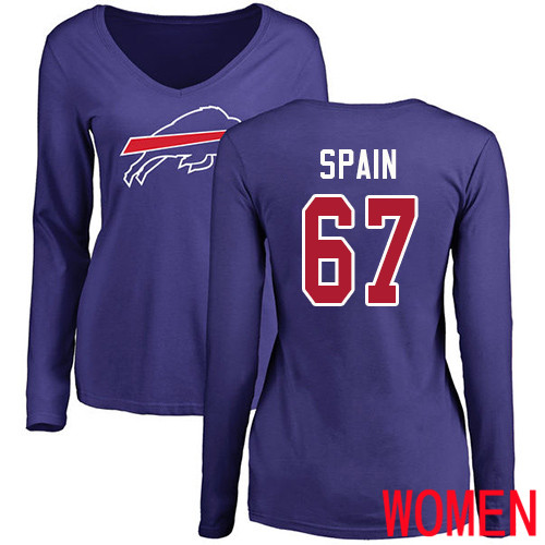 NFL Women Buffalo Bills #67 Quinton Spain Royal Blue Name and Number Logo Long Sleeve T Shirt